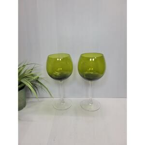 2 Vintage Avocado Green Balloon Stemmed Goblets